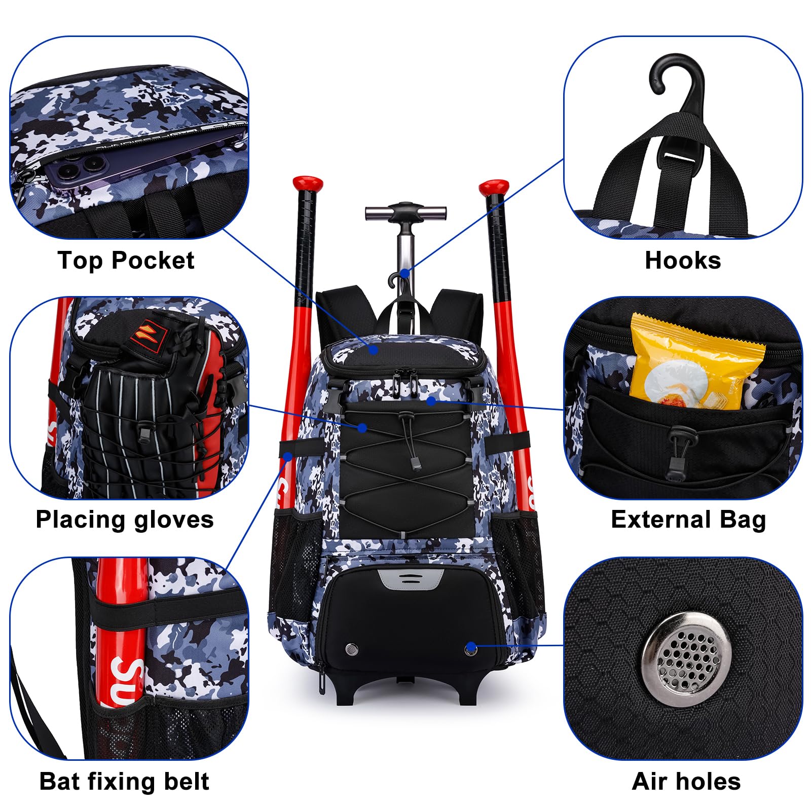 **Wheeled Baseball Bag for Adults - Rolling Softball Bag with Fence Hook, Bat & Helmet Compartment, Shoe Storage - Perfect for Teeball, Batting Practice & Travel**