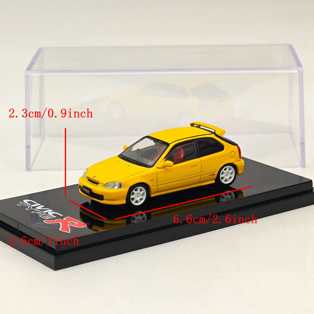 1/64 Honda Civic Type R (EK9) 1997 Sunlight Yellow Diecast Model Car with Engine - Collectible Hobby Japan HJ643016AY - Perfect for Car Enthusiasts & Display Collections