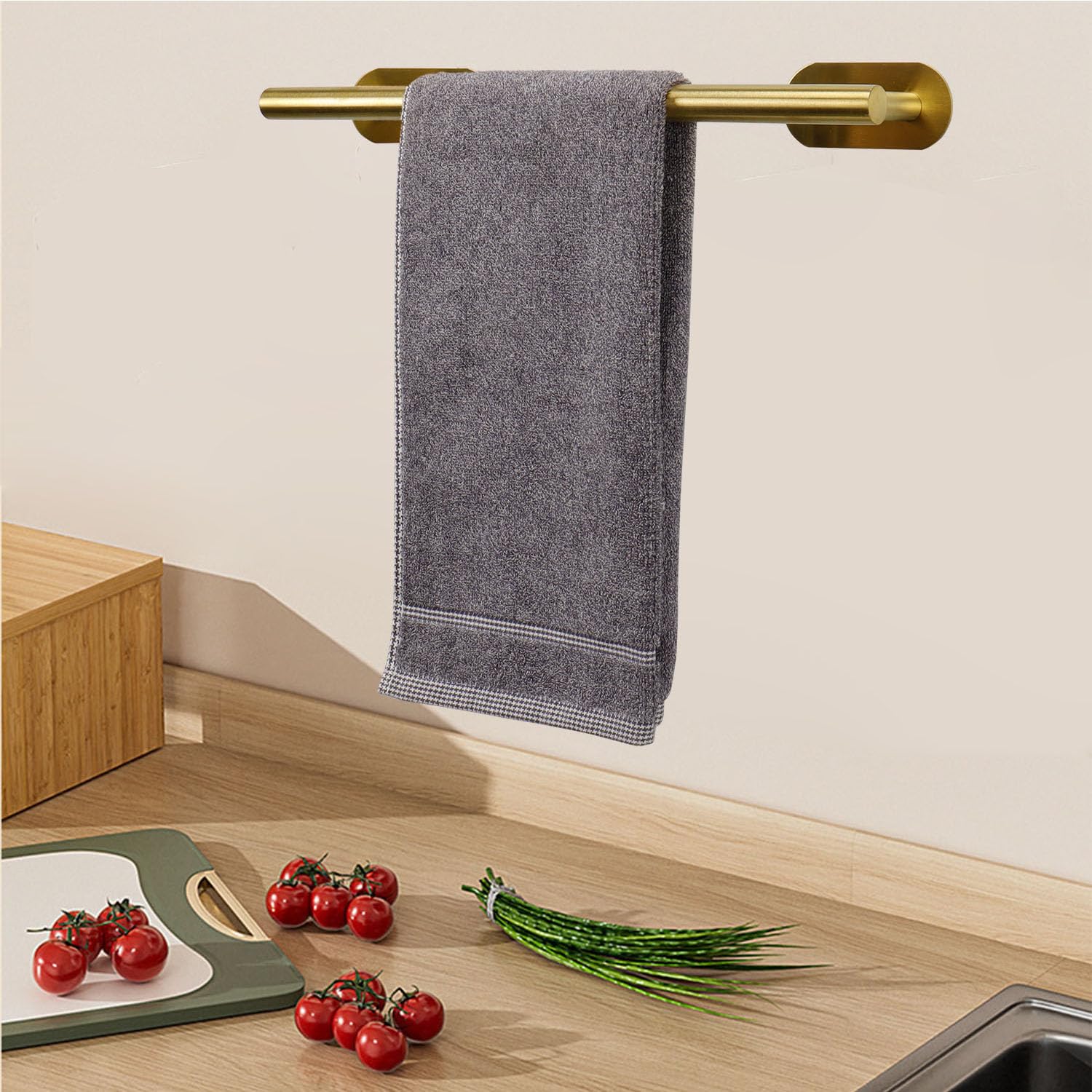 TocTen Self Adhesive No Drill Towel Bar - 16 Inch Rustproof Stainless Steel Bathroom Towel Holder - Damage-Free Easy Install Bath Towel Rack (Brushed Gold) - Perfect for Bathrooms, Kitchens & Small Spaces