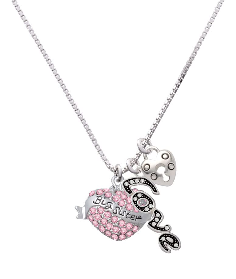 Delight Jewelry Sterling Silver Big Sister Crystal Heart Charm Necklace with Love & Lock Pendant - 18