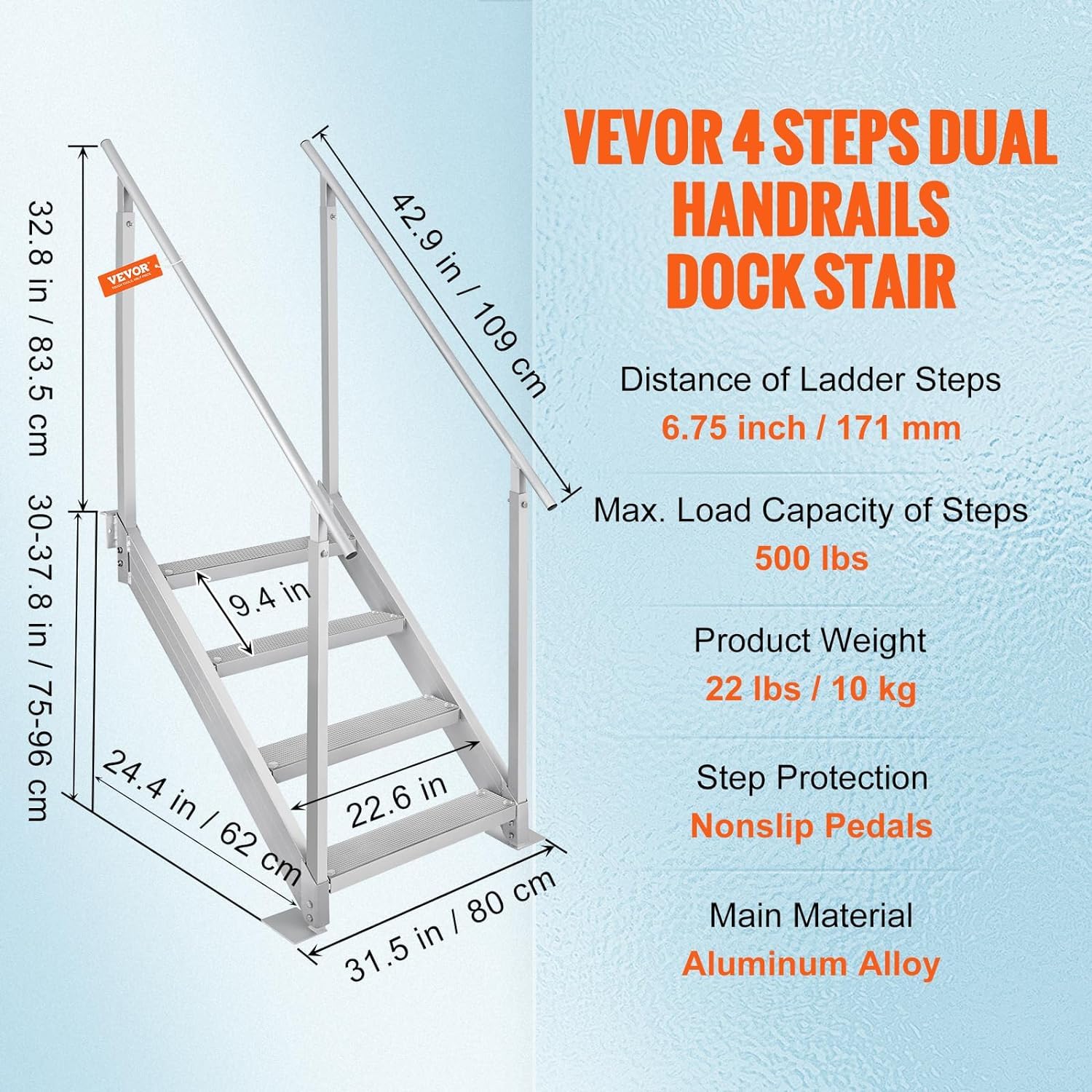 VEVOR 4-Step Adjustable Aluminum Dock Ladder for Boats, Lakes, Pools & Marine Boarding - 30