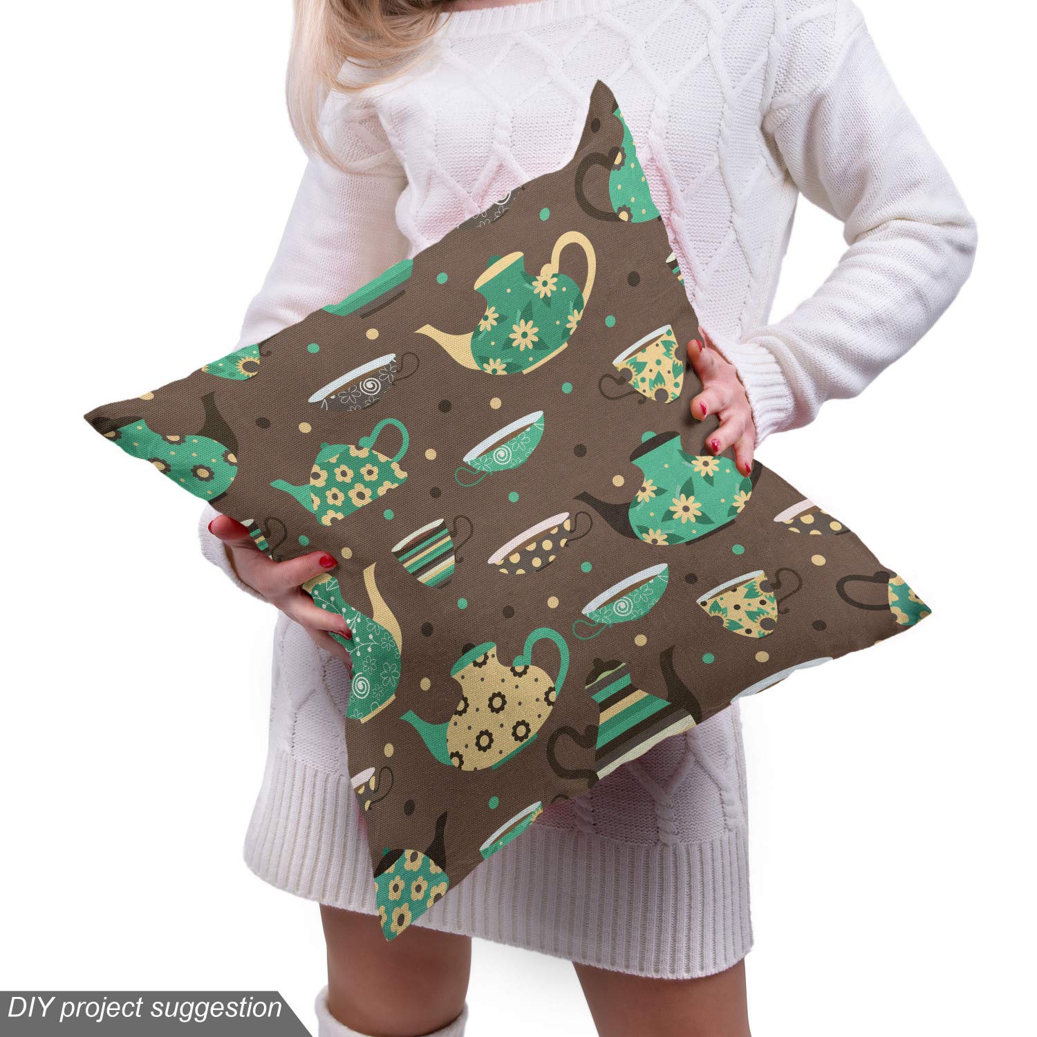 Ambesonne Tea Party Fabric by The Yard - Floral Cup & Pot Print on Dotted Brown Background | 10 Yards Upholstery Fabric for Sofa, Curtains & Home Decor | Perfect for DIY Crafts, Tablecloths & Throw Pillows