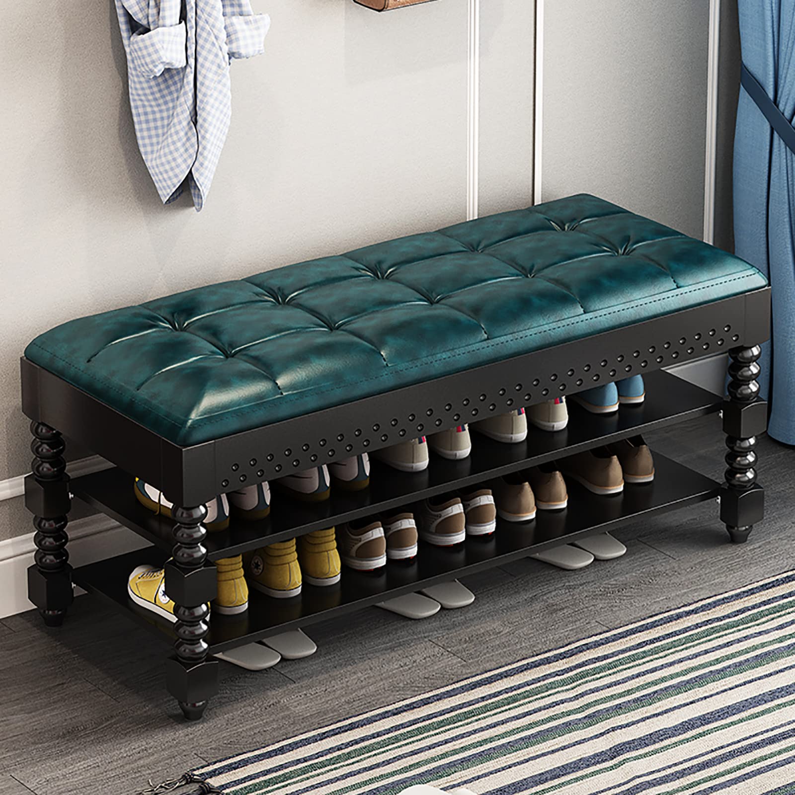 Rustic Entryway Shoe Bench with 2-Tier Storage & Lift Top - Leather Upholstered Shoe Organizer with Acrylic Legs (80x30x48cm/31x12x19in) - Perfect for Hallway, Mudroom & Small Space Organization