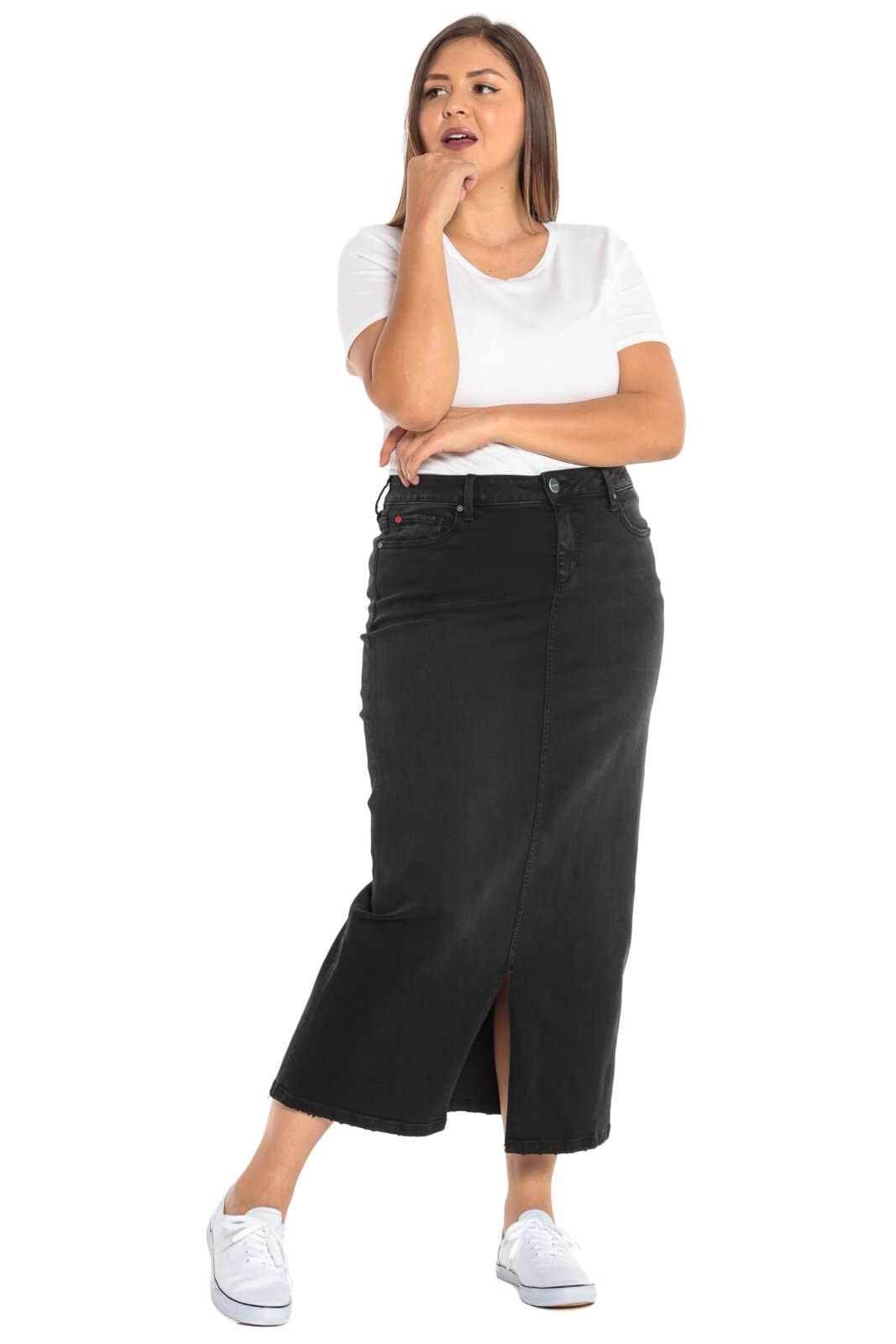 Premium Women's Plus Size Long Denim Skirt - Stretchy Comfort Fit, High Waist A-Line Style (Black) | Perfect for Casual Wear, Office Outfits & Date Nights