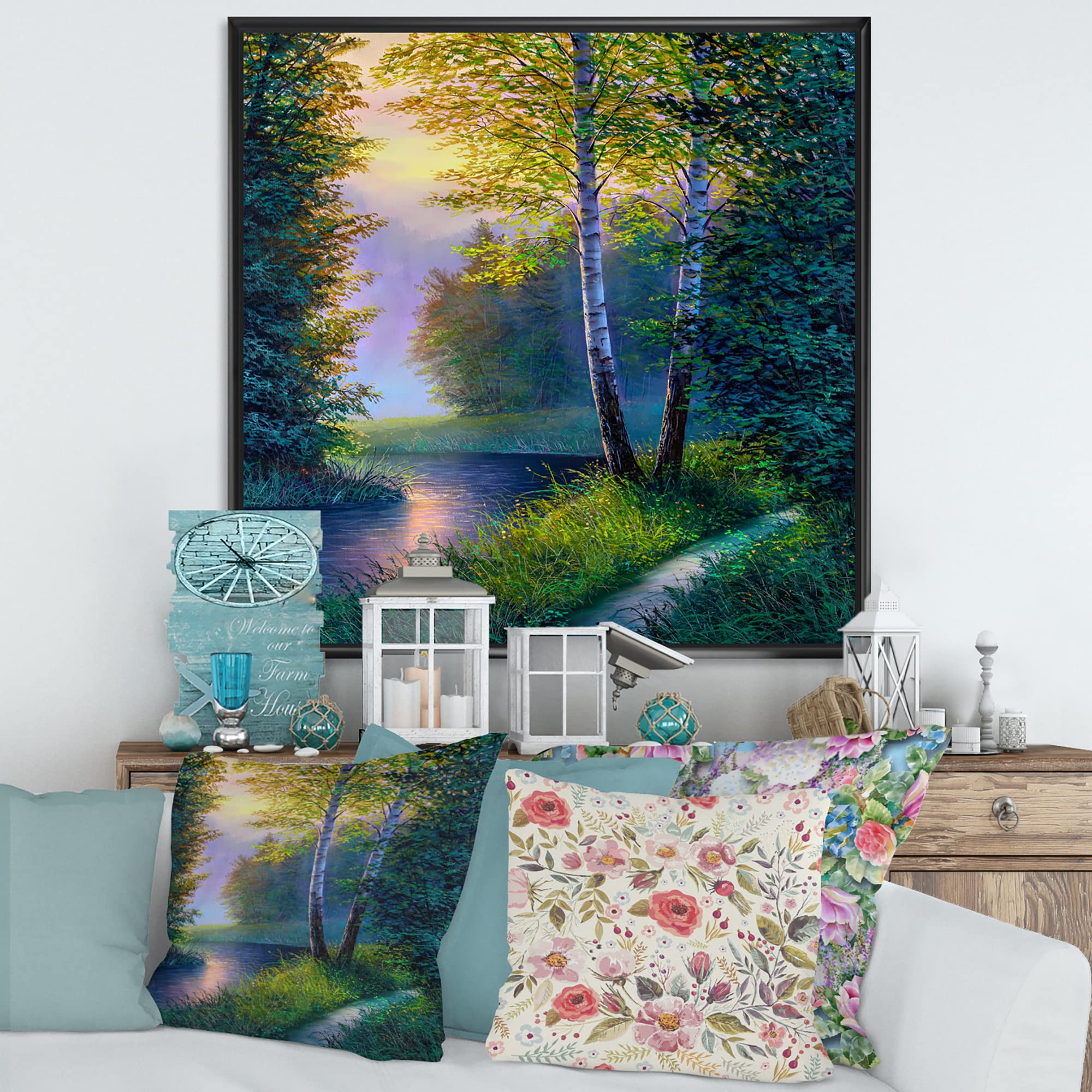DesignQ Morning Sunlight Through Birch Forest - Lake House Framed Canvas Wall Art Print for Living Room, Bedroom & Office Decor
