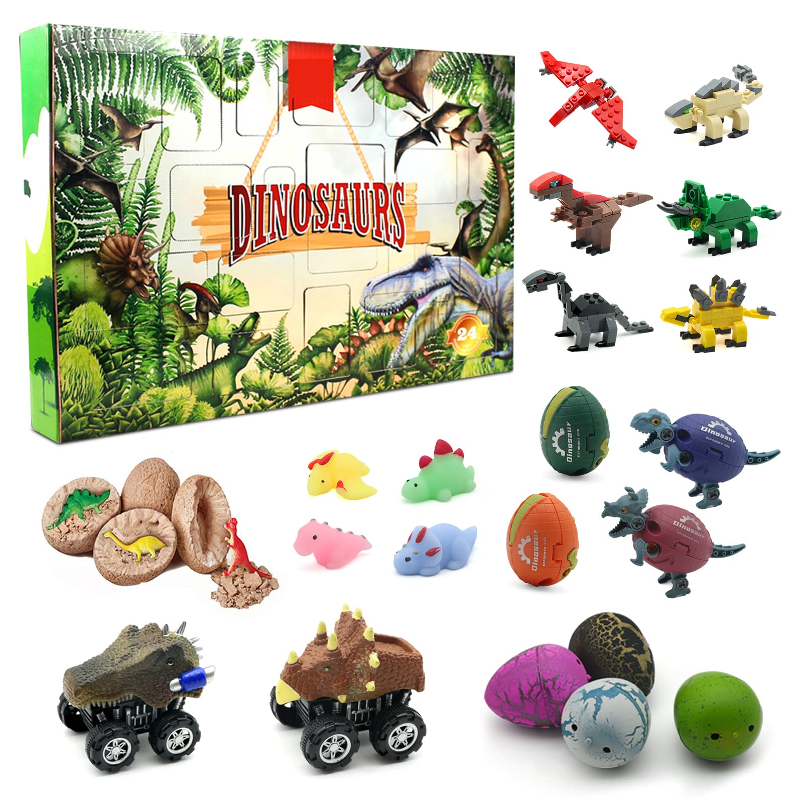 24-Piece Dinosaur Advent Calendar for Kids - Exciting Countdown with Dino Egg Dig Toys & Pull Back Cars - Perfect Christmas Surprise Gifts for Boys & Girls - Fun Holiday Activity & Educational STEM Play