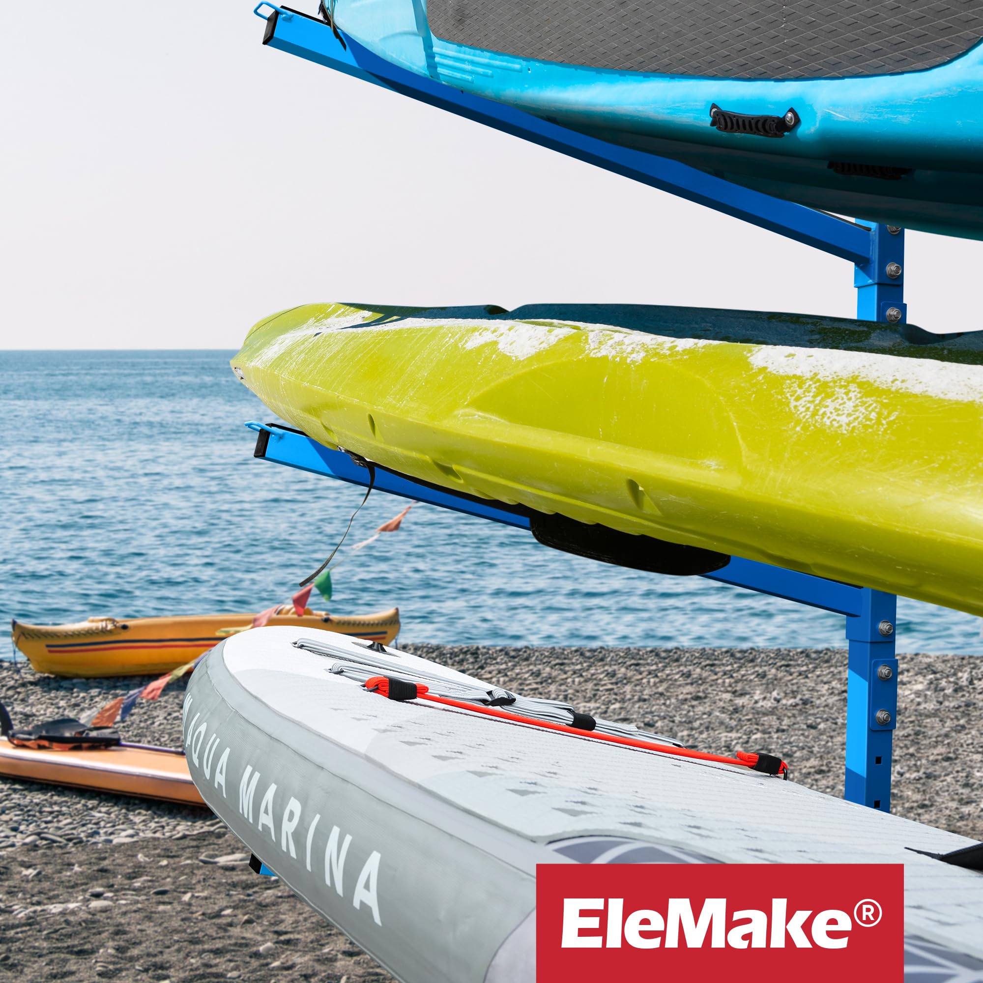 Elemake Heavy Duty Kayak Storage Rack with Wheels - Adjustable Freestanding Water Sports Rack for SUP, Paddleboard, Surfboard - Indoor/Outdoor Weatherproof Holder for Garage, Backyard, Dock Storage
