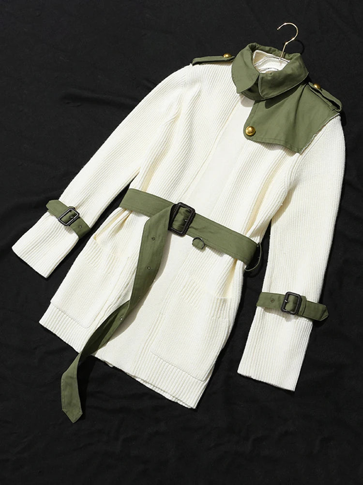 Beige Spliced Belted Knit Cardigan Sweater for Women - Stand Collar Long Sleeve Fashion Top (Spring/Autumn 2025) - Perfect for Office Wear, Casual Outfits & Fall Layering