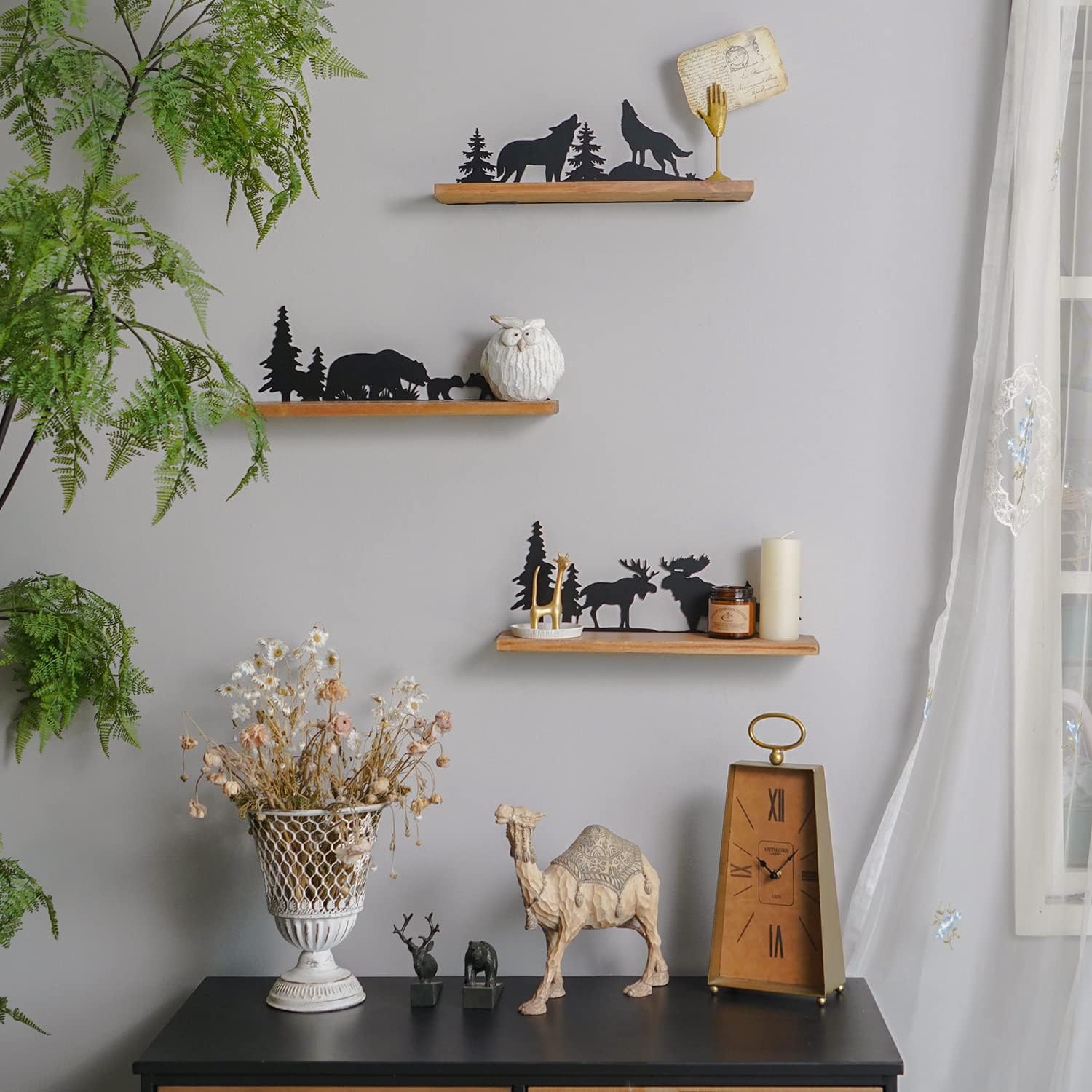 SOFFEE DESIGN Set of 3 Forest Themed Floating Shelves - Wooden Wall Decor with Metal Bear, Wolf & Deer Pine Pattern (Black Finish) - Perfect for Living Room, Bedroom or Nursery Decoration