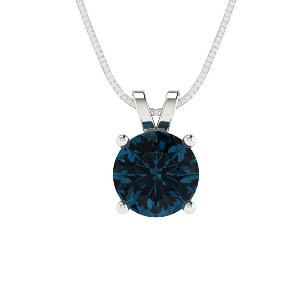 1.0 ct Natural London Blue Topaz Solitaire Pendant - 14k White Gold Round Cut Fine Jewelry with 18