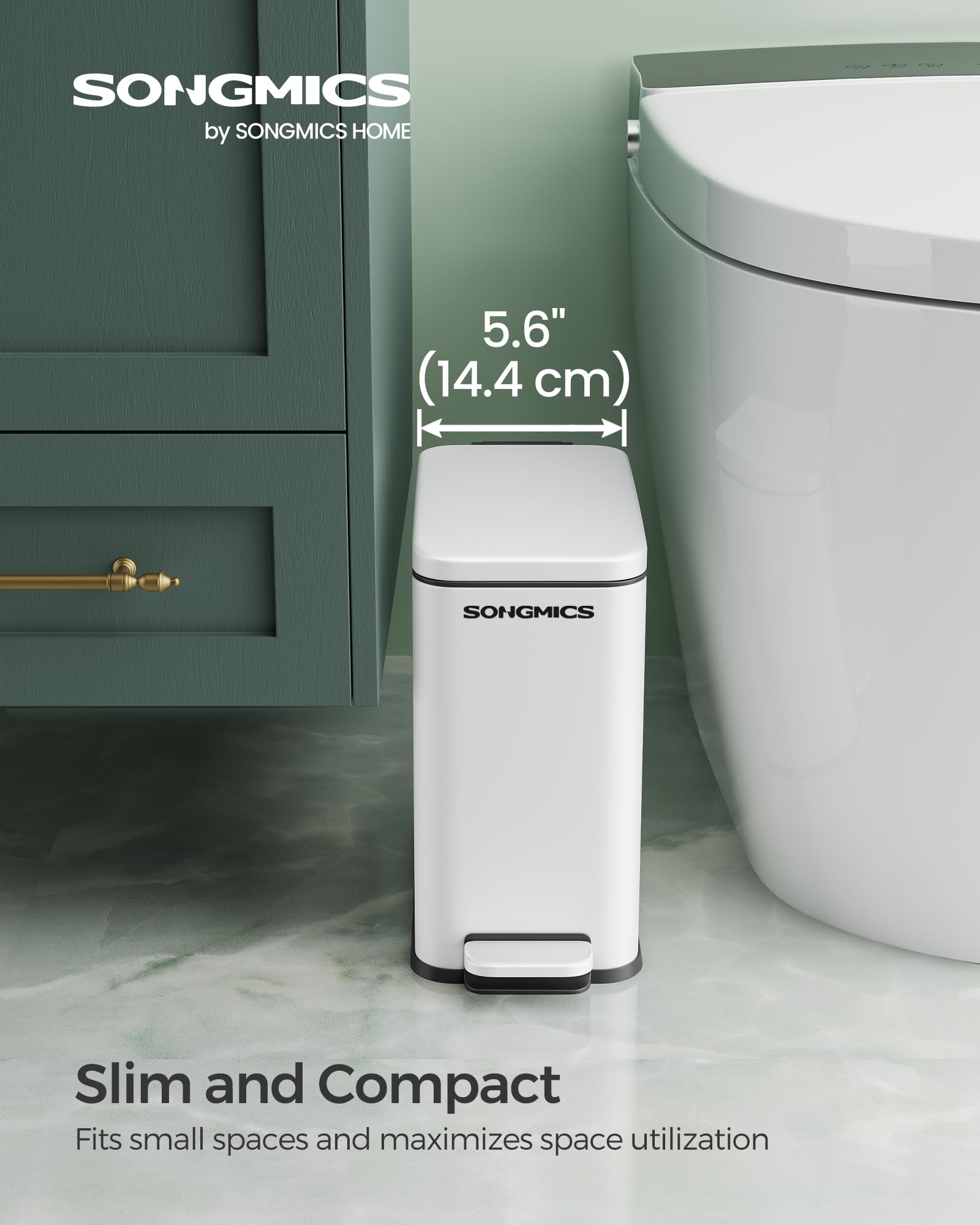 SONGMICS 1.3 Gallon Small Bathroom Trash Can with Lid - Slim Stainless Steel Garbage Bin for Tight Spaces, Soft Close, White ULTB560W05 - Perfect for Bathrooms, Offices & Small Apartments