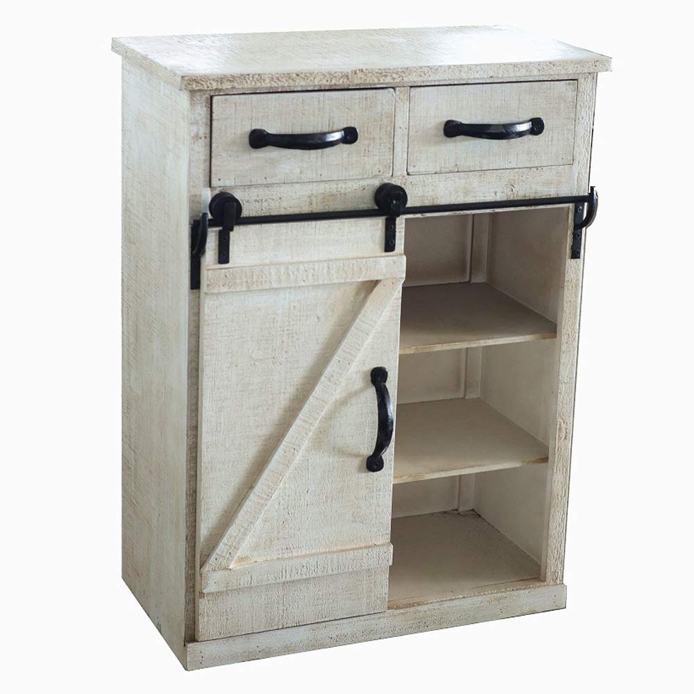 Rustic White Wood Sliding Barn Door Cabinet with 2 Drawers & 3 Shelves - Vintage Farmhouse End Table, Console Storage Cabinet for Living Room, Bedroom, Entryway - Solid Wood Furniture for Home Decor