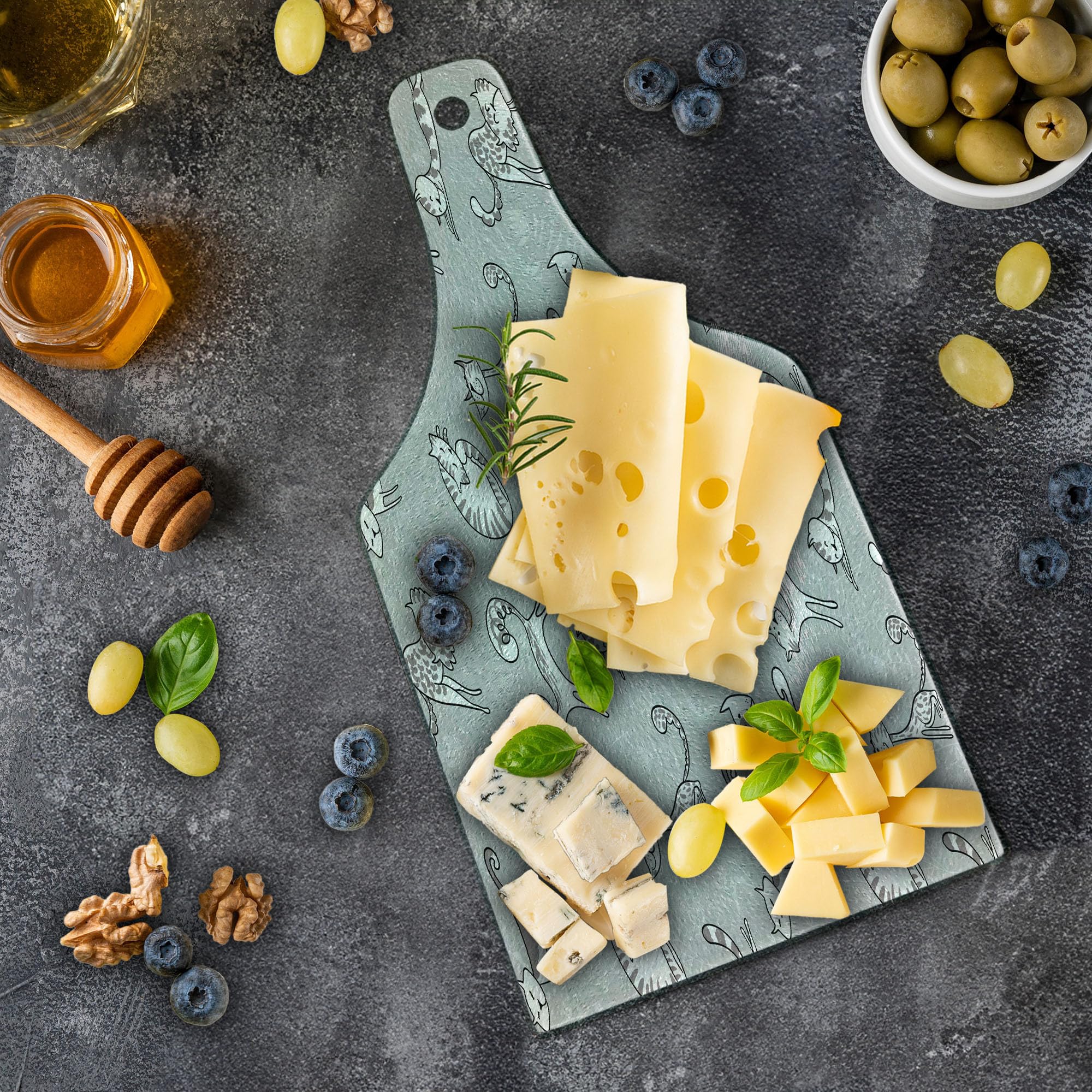 Ambesonne Grey Cat-Themed Cutting Board - Floral Background with Cute Cartoon Kittens - Durable Tempered Glass Serving Board for Kitchen & Entertaining - Perfect for Cheese Platters, Wine Pairing & Home Decor