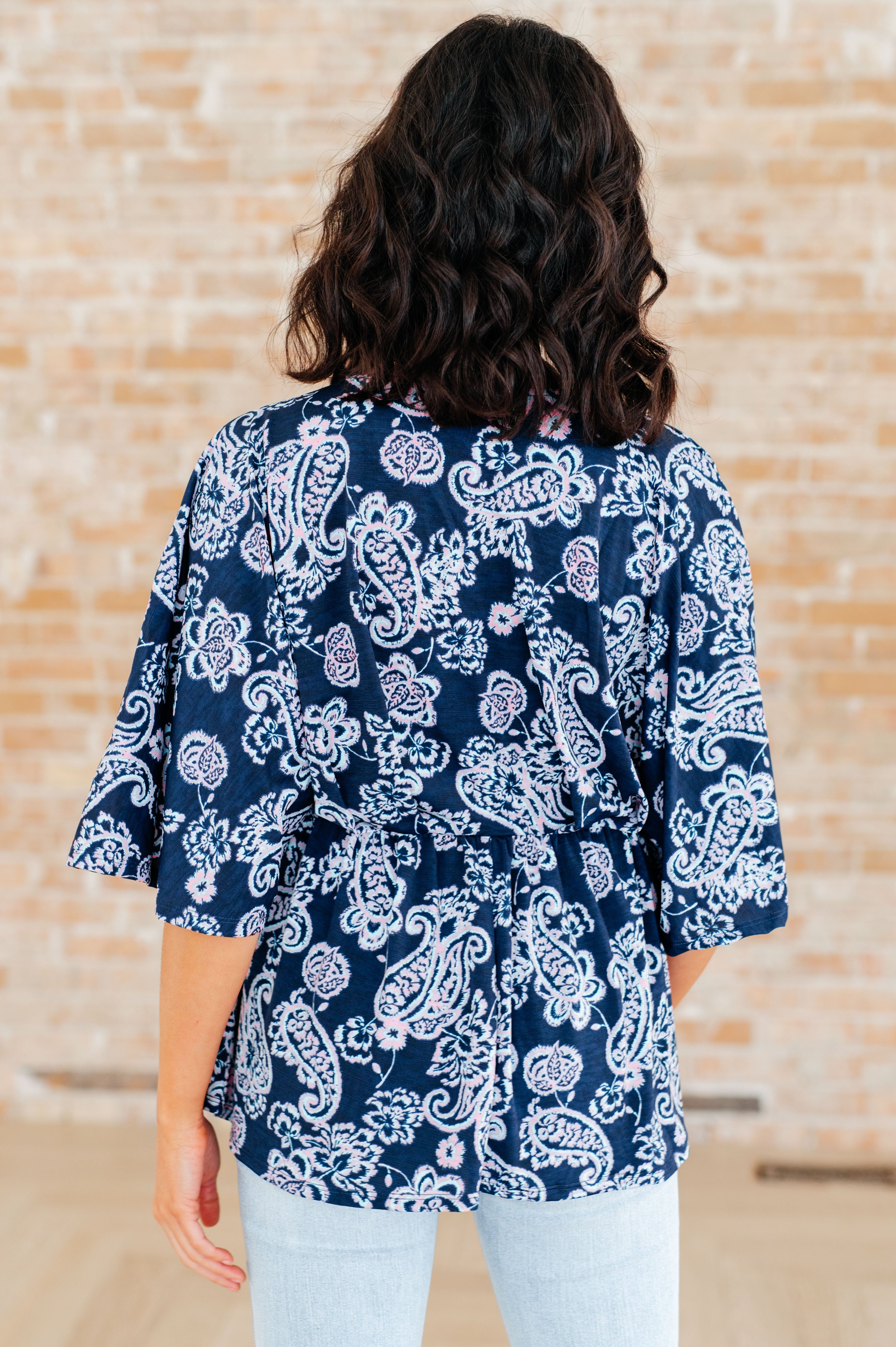 Dear Scarlett Navy and Pink Paisley Dreamer Peplum Top - Women's Floral Print Blouse for Casual Wear, Date Night & Office Outfits