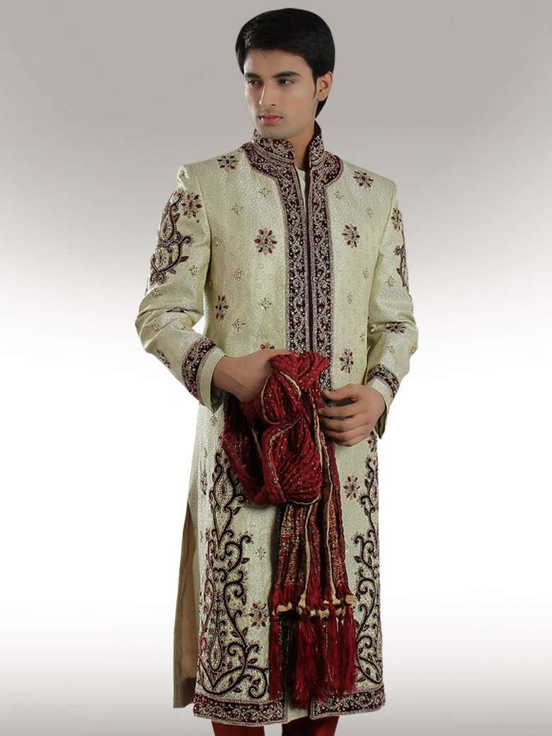 Luxury Designer Cream Brocade Sherwani for Men | Elegant Indian Wedding Attire | Perfect for Grooms, Festivals & Special Occasions