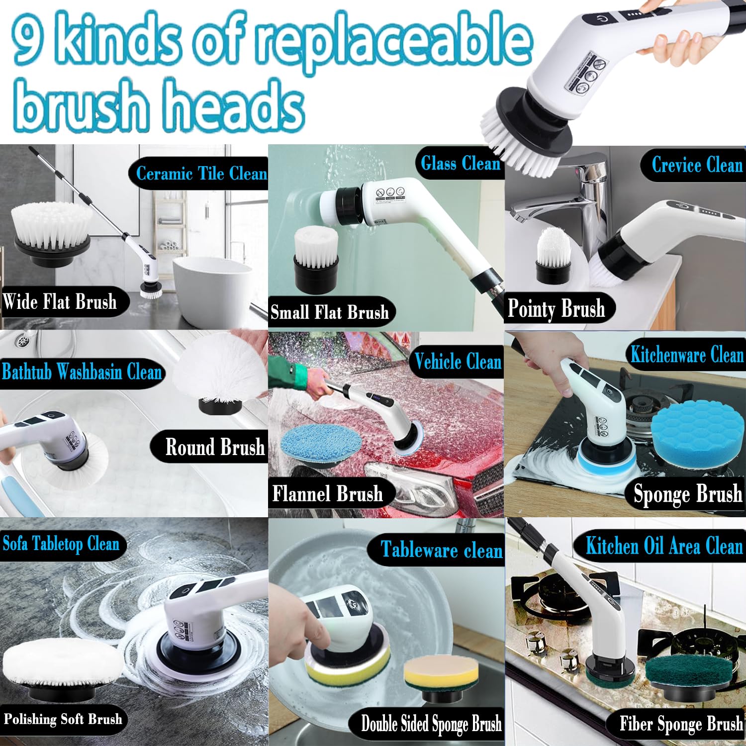 Electric Spin Scrubber - Cordless Cleaning Brush with 9 Replaceable Brush Heads, 2 Speed Settings & Adjustable Handle | Powerful Shower, Bathroom & Kitchen Cleaner for Tile, Grout & Hard Surfaces | 2024 Upgrade Model for Deep Cleaning