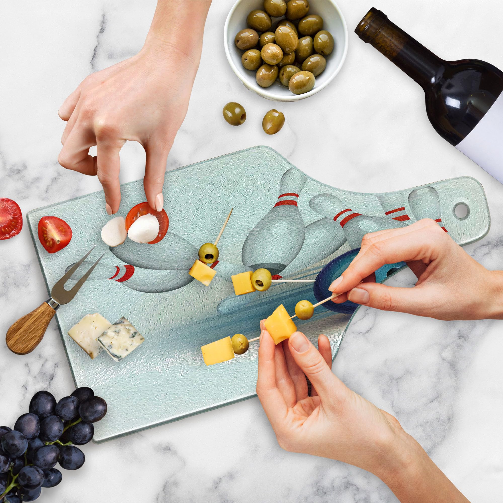 Ambesonne Bowling Party Tempered Glass Cutting Board - Wine Bottle Shape with Thrown Ball & Scattered Pins Design in White, Pale Blue & Red | Perfect for Serving Charcuterie, Cheese & Wine at Bowling-Themed Parties & Game Nights