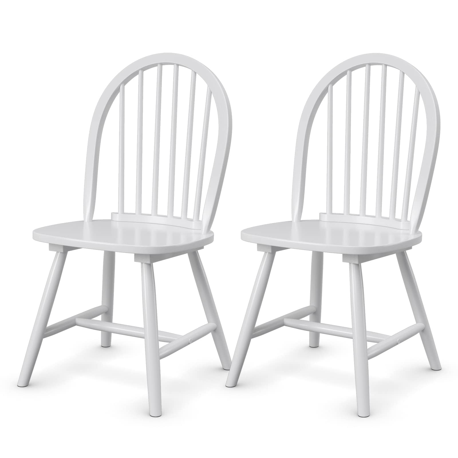 KOTEK Set of 2 Windsor Dining Chairs - Solid Wood Spindle Back Chairs with Wide Seat, Farmhouse Style Armless Side Chairs for Kitchen, Dining Room & Living Room - Perfect for Family Dinners & Home Decor (White)