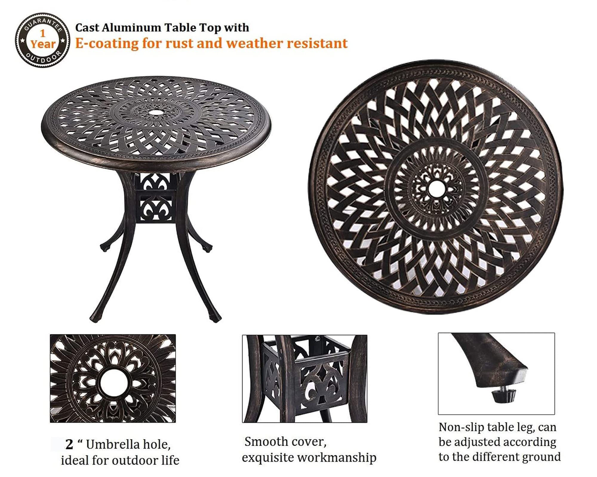 Grepatio 3-Piece All-Weather Cast Aluminum Outdoor Dining Set - 2 Patterned Back Chairs & 1 Bistro Table with Umbrella Hole - Patio, Garden, Poolside Furniture in Antique Bronze - Perfect for Backyard BBQs, Outdoor Entertaining & Relaxation