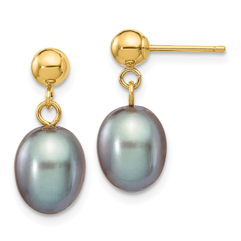 14K Yellow Gold 7-8mm Grey Rice Freshwater Pearl Dangle Stud Earrings - 16mm x 7mm Post Earrings for Women, Gift for Her, Wedding, Party & Special Occasions