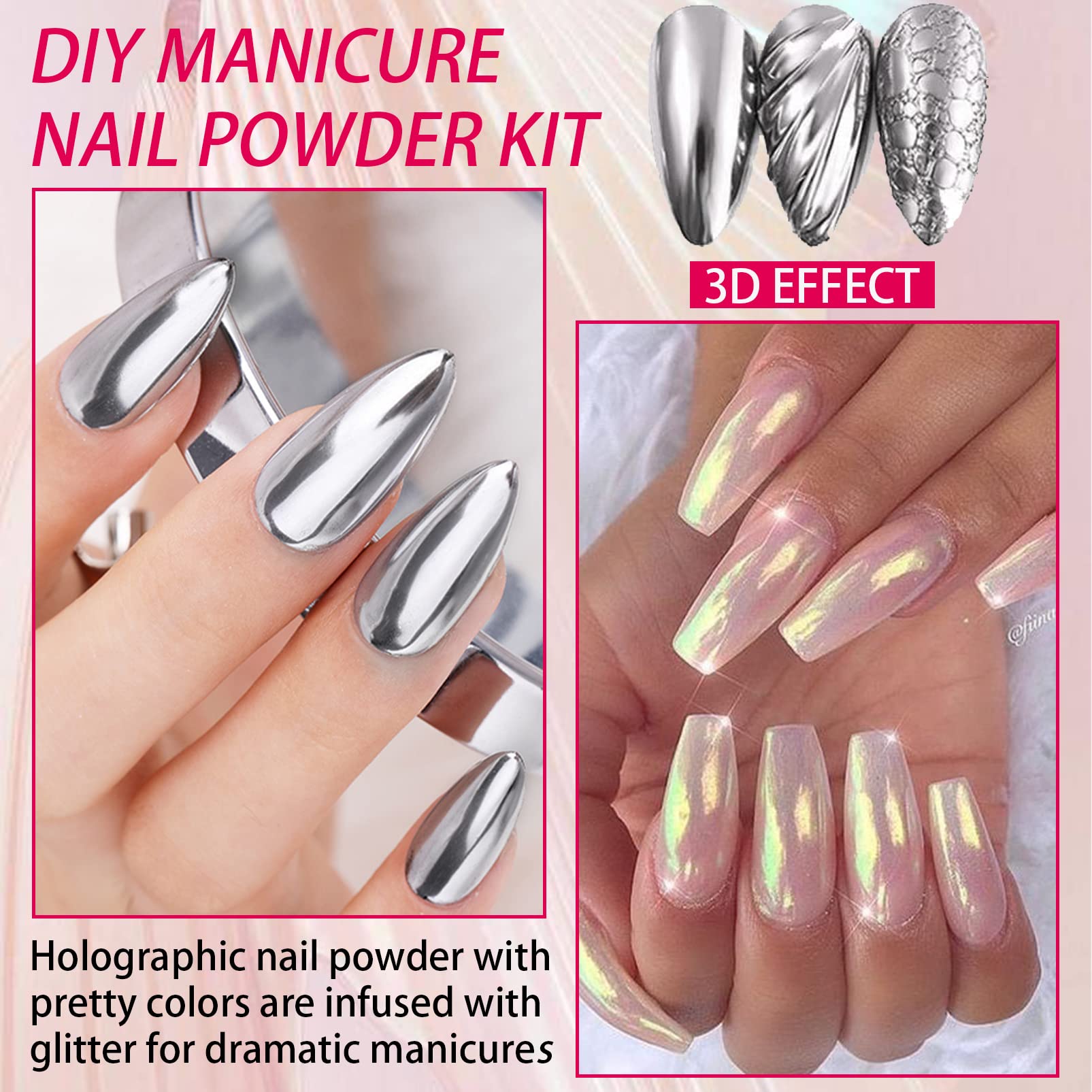 4Pcs Chrome Nail Powder Set - White Pearl & Metallic Holographic Nail Art Pigment for DIY Manicure | Mermaid Aurora Nail Design | Perfect for Salon, Home Use & Gift Giving