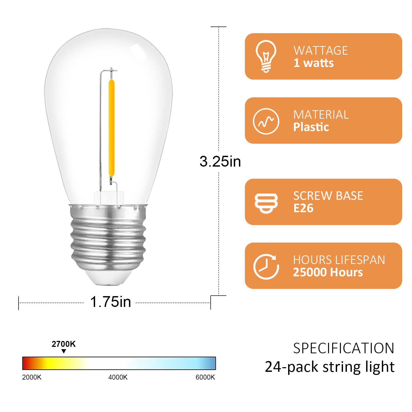 24-Pack S14 Outdoor Waterproof LED String Light Bulbs - E26 Base, 1W 120V, 2700K Warm White - Perfect for Patio, Garden, and Holiday Decorations