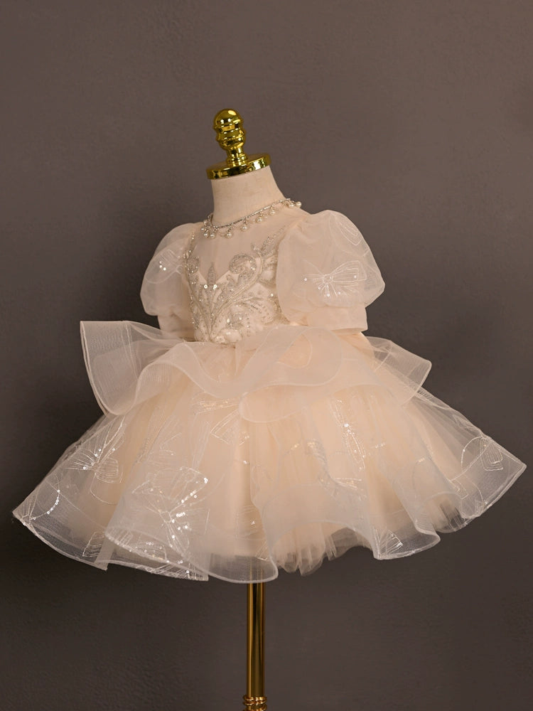 Champagne Princess Sweetheart Tea-Length Tulle Flower Girl Dress for Weddings, Baptisms & Special Occasions