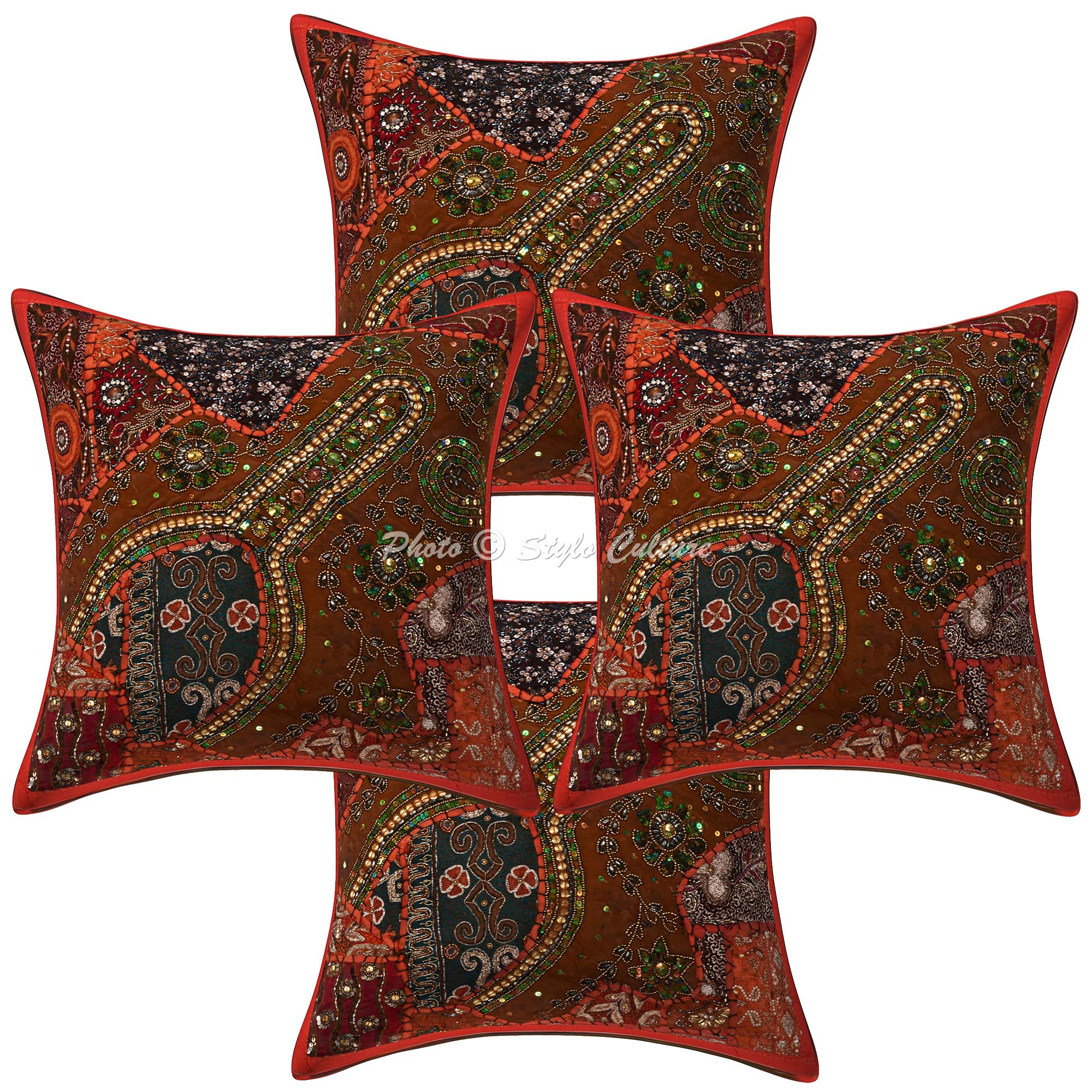 Bohemian Embroidered Cotton Throw Pillow Covers 16x16 Inch (40x40cm) - Orange Patchwork with Beaded Sequins Decor, Set of 4 - Perfect for Living Room Sofa, Bed, Couch & Home Decor