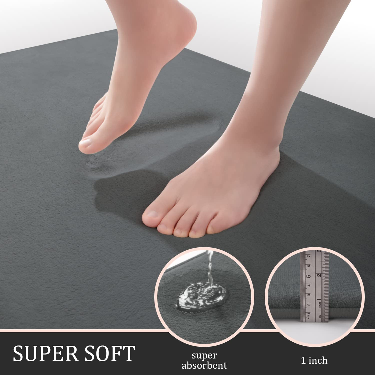 YIHOUSE 3-Piece Bathroom Rug Set - Non-Slip Memory Foam Mats for Shower, Tub & Sink - Dark Grey
