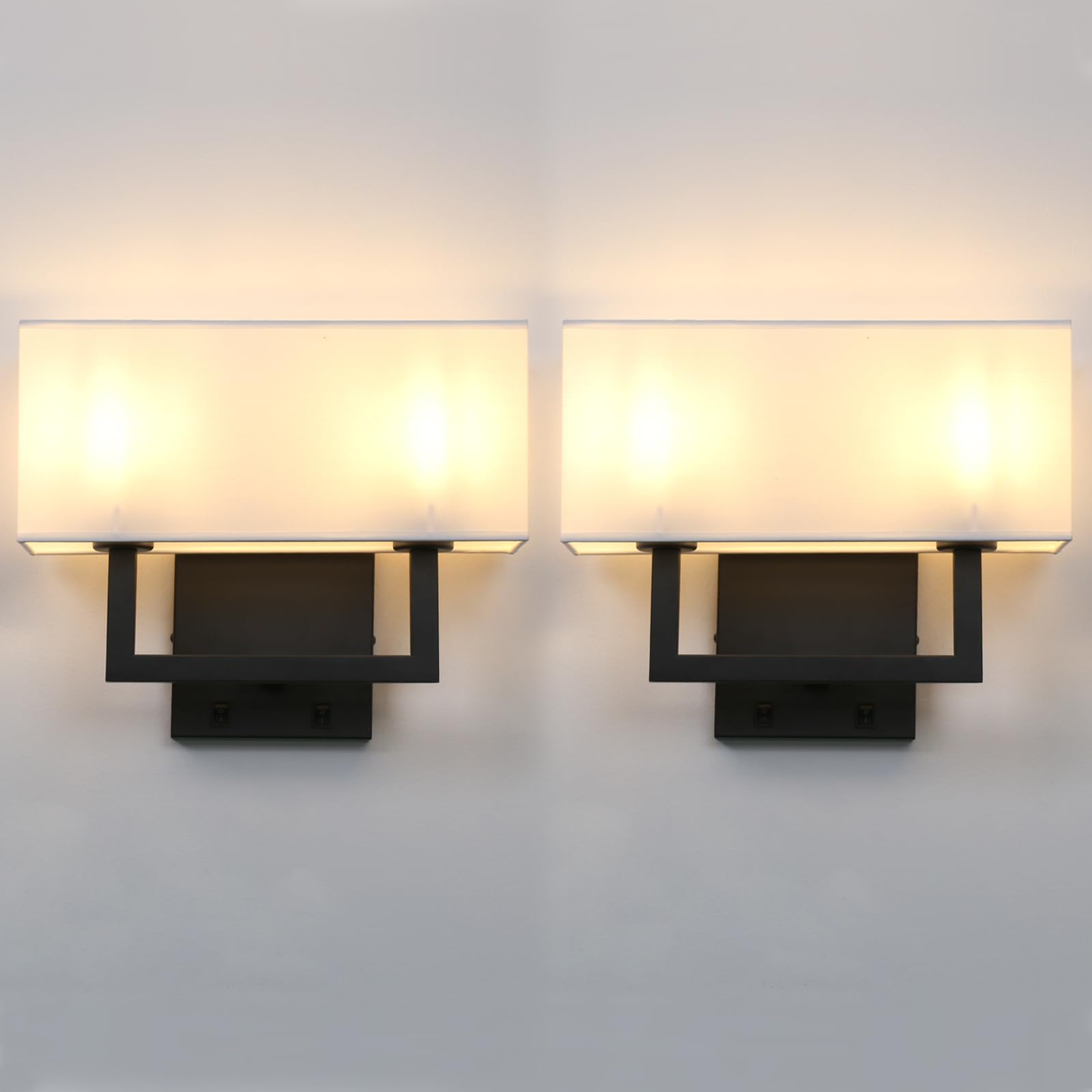 Yosoan Set of 2 Modern Boho Brass Wall Sconces with On/Off Switch - Vintage Industrial 2-Light Vanity Fixtures with White Fabric Shades for Bedroom, Living Room, Hallway & Reading Nook (Black) - Perfect for Ambient Lighting and Cozy Reading Spaces
