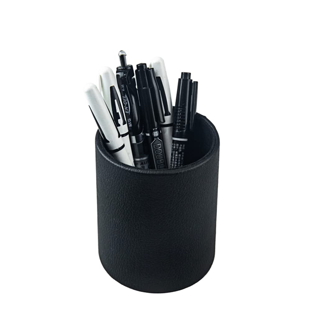 Premium PU Leather Pen Pencil Holder Cup - Desk Organizer Stand for Brushes, Scissors & Office Supplies (3.3