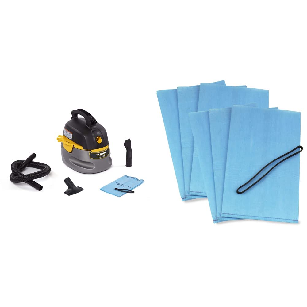WORKSHOP WS0255VA Compact Wet/Dry Vacuum with 6-Pack WS01025F2 Vacuum Bags & Retaining Bands - Ideal for Home Cleaning, Workshop Dust Collection, and DIY Projects