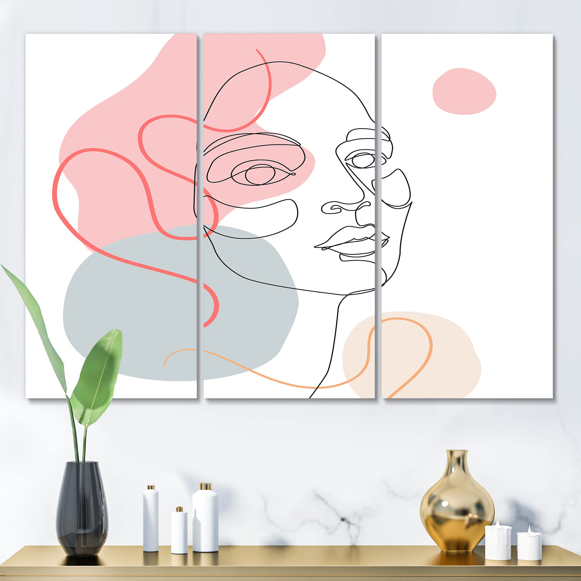 DesignQ Minimalist One Line Drawing of Young Woman - Pastel Tones Modern Canvas Wall Art for Living Room, Bedroom & Office Decor