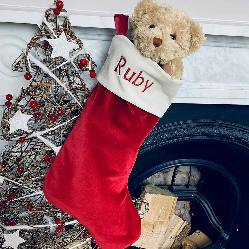 Personalized Red Christmas Stocking for Kids - Bertie Bear Custom Holiday Gift for Stocking Stuffers & Festive Decorations