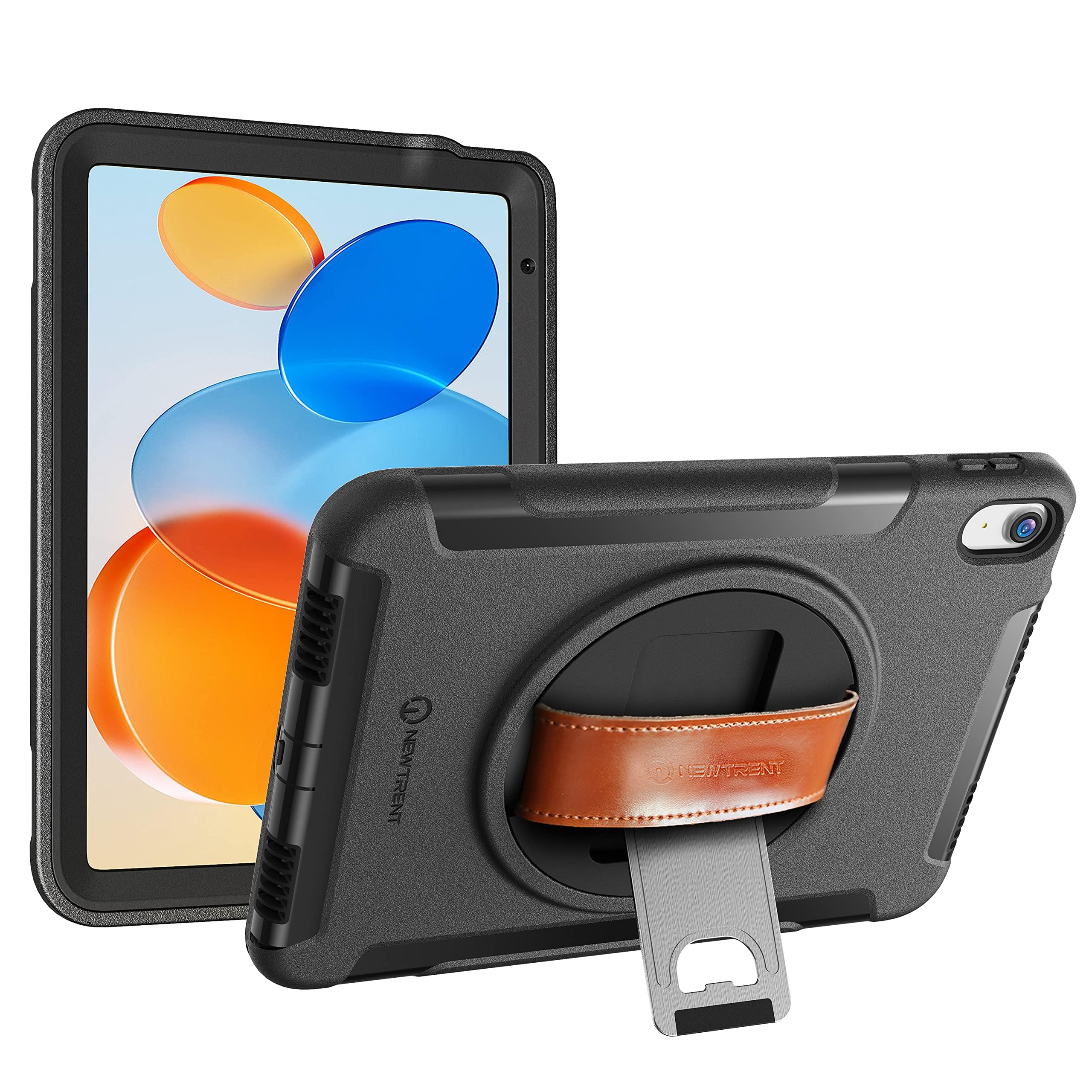 Premium Rugged Case for iPad 11 (A16) 11-inch (2025) & iPad 10th Gen 10.9-inch (2022) - 360° Rotating Kickstand, Genuine Leather Hand Strap, Built-in Screen Protector | Heavy Duty Protection for Work, Travel & Outdoor Activities