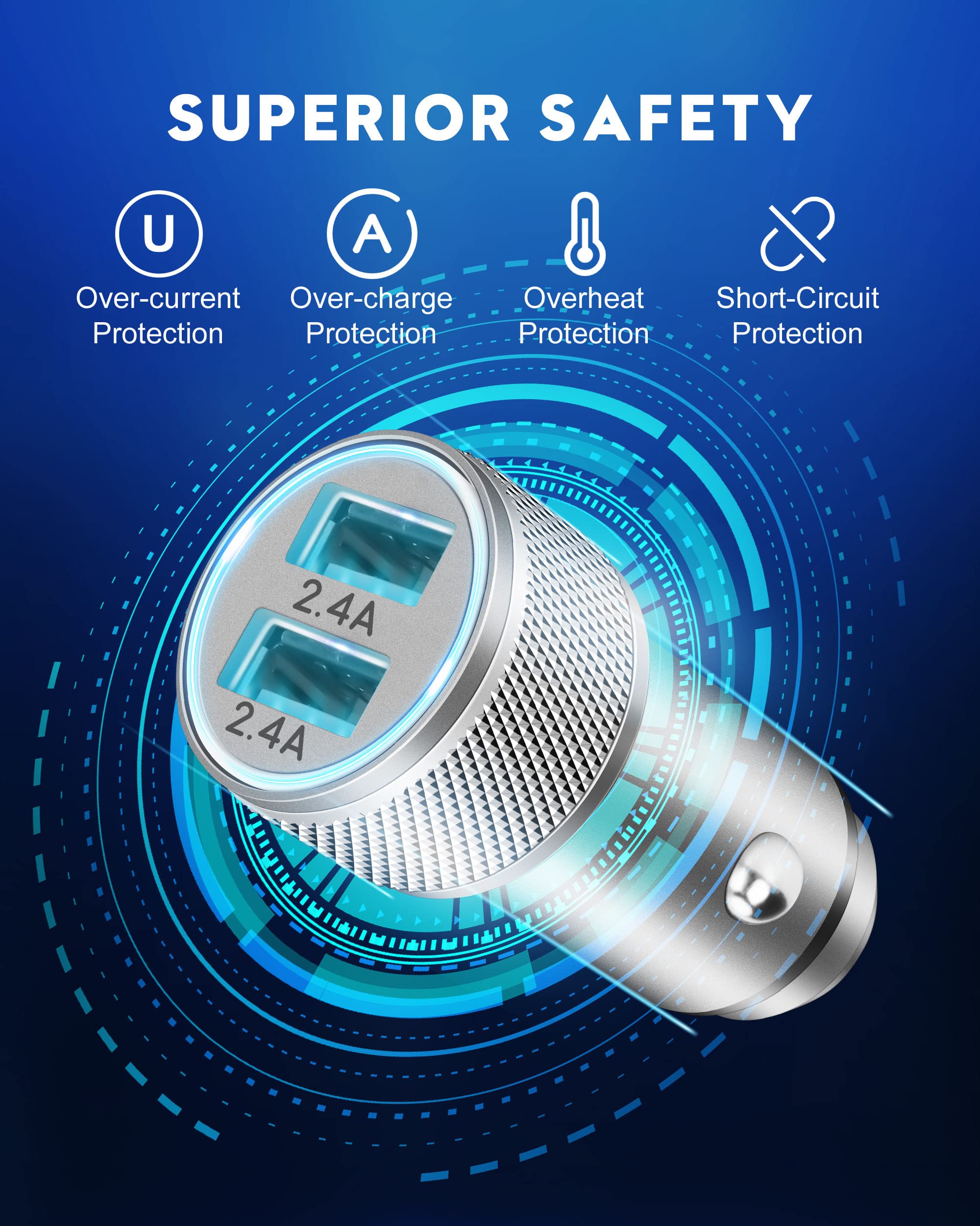 TIKALONG 2.4A Dual Port USB Car Charger Adapter with 2X 3ft Charging Cables - Fast Charging Compatible with iPhone 13/12/11/Pro Max/XR/XS/X/8/7/6/SE2, iPad Air/Mini/Pro - Perfect for Road Trips, Commuting & Travel (3-in-1 Pack)
