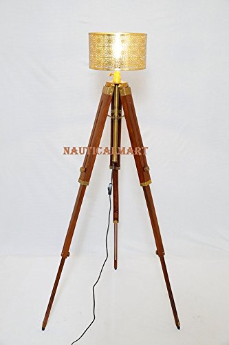 Vintage Brass Finish Tripod Floor Lamp with Metal Shade - Adjustable Height Standing Light for Living Room, Bedroom & Office - NAUTICALMART