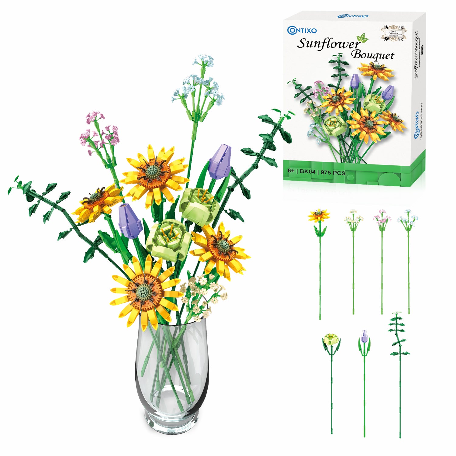 Contixo 975-Piece Sunflower Bouquet Floral Building Block Set - Creative DIY Flower Arrangement Kit for Home Decor, Gifts & STEM Learning Activities