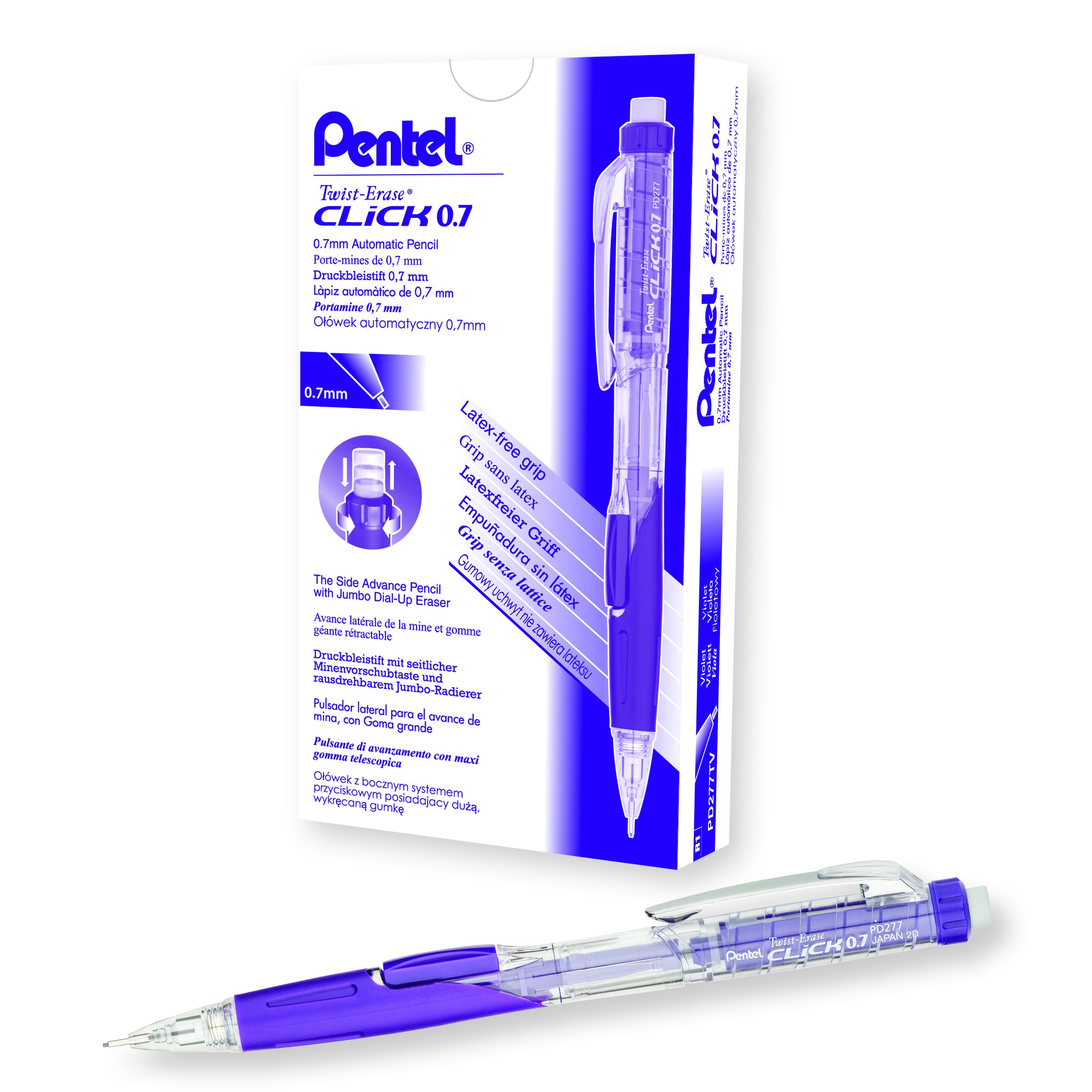 Pentel Twist Erase Click 0.7mm Mechanical Pencil - Clear Barrel with Violet Grip - Pack of 12 (PD277TV) - Perfect for School, Office & Sketching