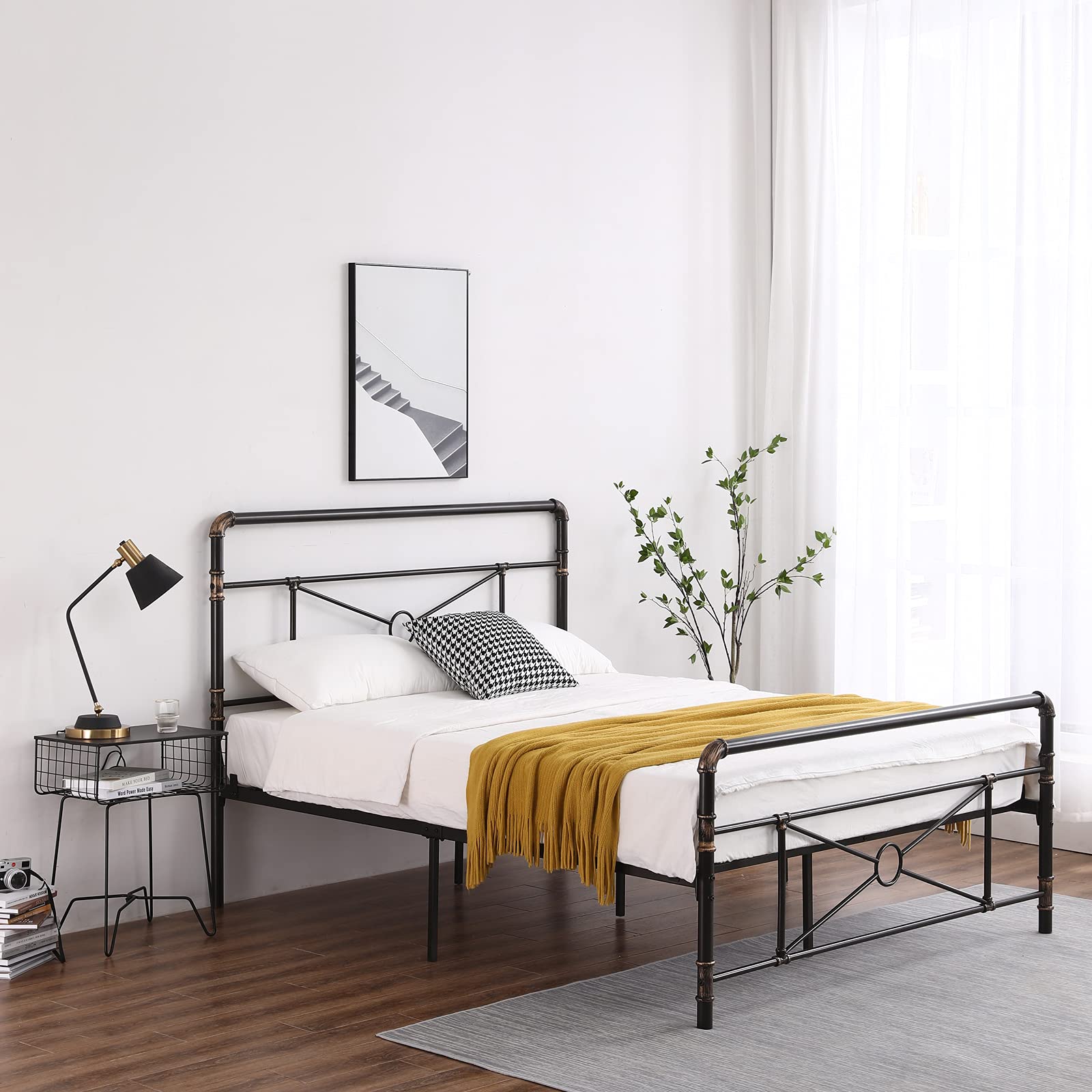 Single-Layer Water Pipe Bed Frame with Cross Design - Full Black Iron Platform Bed for Modern Bedroom | Durable Metal Bed Frame for Home, Apartment & Dormitory