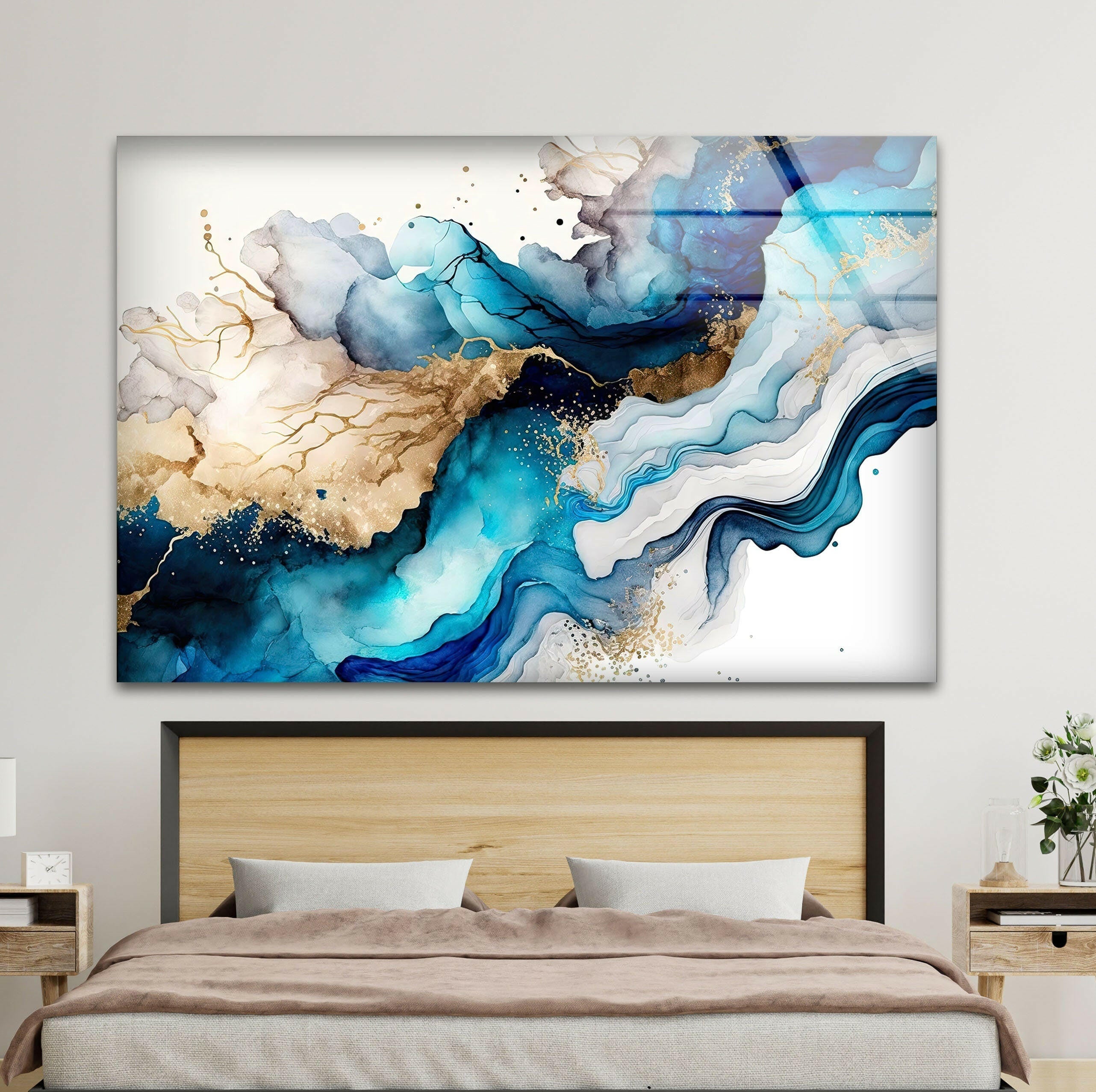 Blue and Gold Fluid Abstract Glass Wall Art - Modern Handmade Home Decor for Living Room, Bedroom, Office | Unique Gift Idea for Housewarming, Wedding
