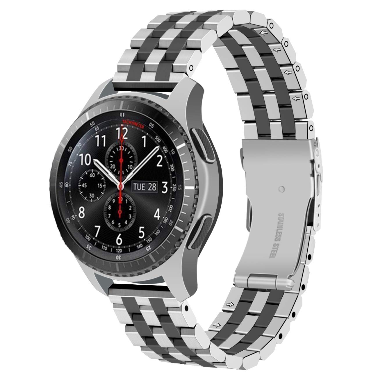 Juntan Five Rows Stainless Steel Watch Band - Compatible for Samsung Galaxy Watch 46mm / Galaxy Watch 3 45mm / Gear S3 Frontier & Classic - Silver Black Two Tone Metal Strap for Business, Casual & Outdoor Activities