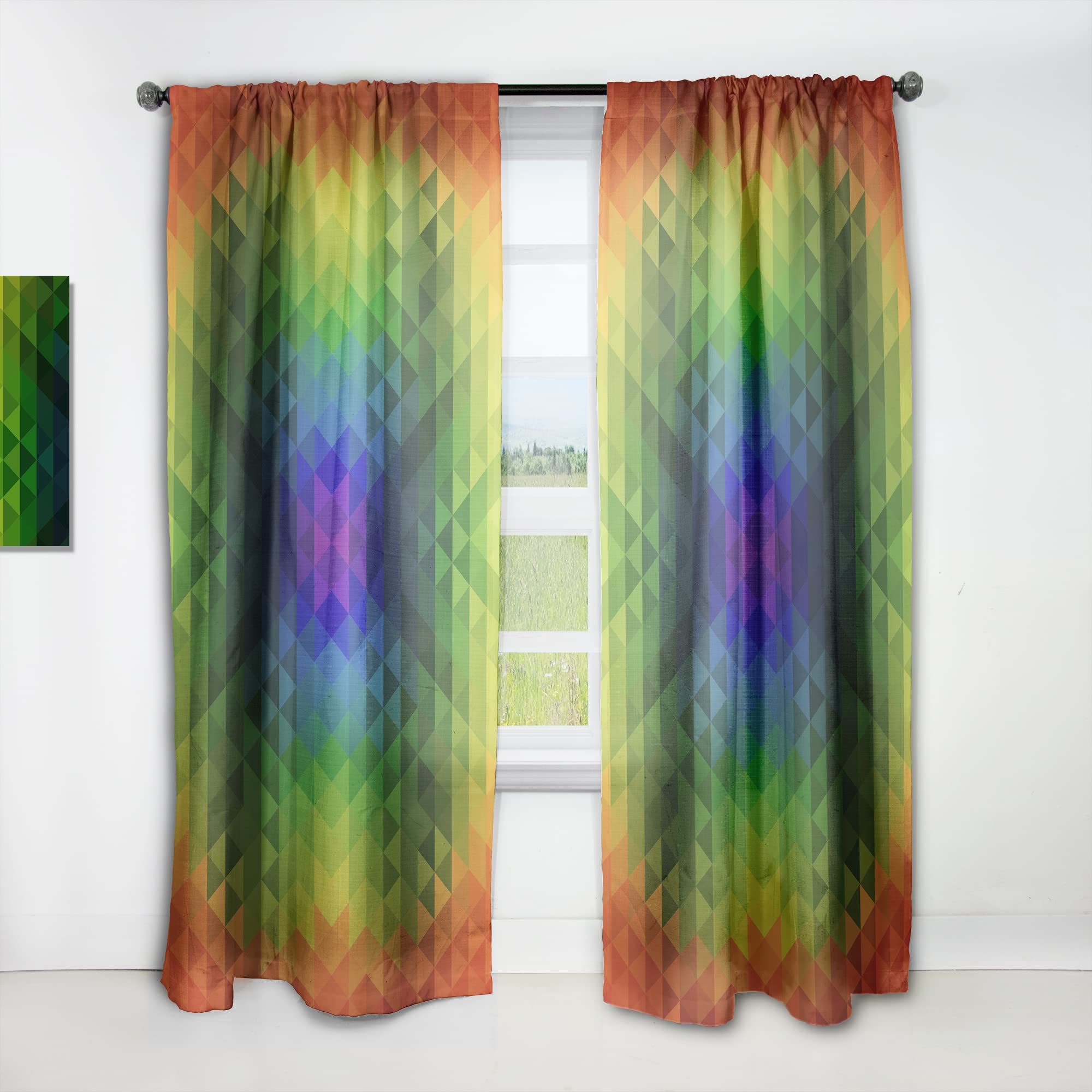 DesignQ Geometric Triangle Pattern Curtains - Orange, Green & Blue Thermal Insulated Window Drapes - 52x120 Inch Single Panel for Bedroom & Living Room - Perfect for Modern Home Decor & Sunlight Control