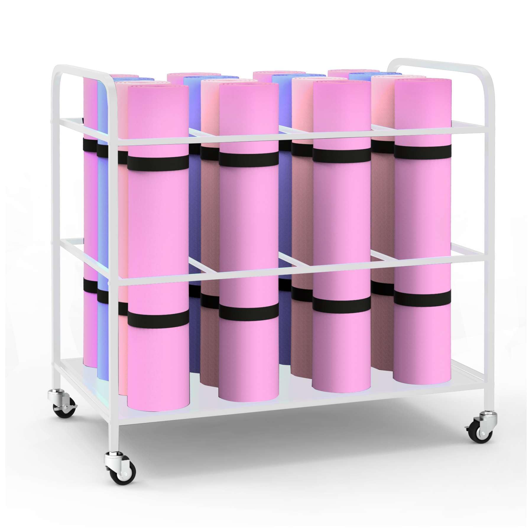 Premium Yoga Mat Storage Cart with Wheels - Heavy Duty Home Gym Organizer Rack for Yoga Blocks, Foam Rollers, Resistance Bands, Dumbbells & Kettlebells - Space Saving Equipment for Yoga Studios & Home Workouts (White)