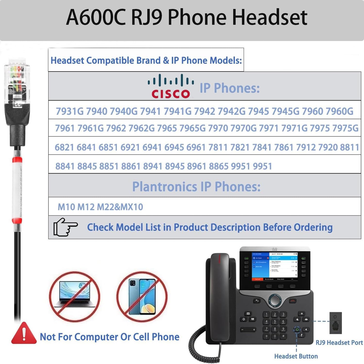 Noise Cancelling Cisco Phone Headset with Microphone & Mute Switch - Compatible with Cisco IP Phones 7821, 7841, 7942G, 7931G, 7940, 7941G, 7945G, 7960, 7961G, 7962G, 7965G, 7975G, 8811, 8841, 8861, 9951 - Ideal for Office, Call Center & Remote Work