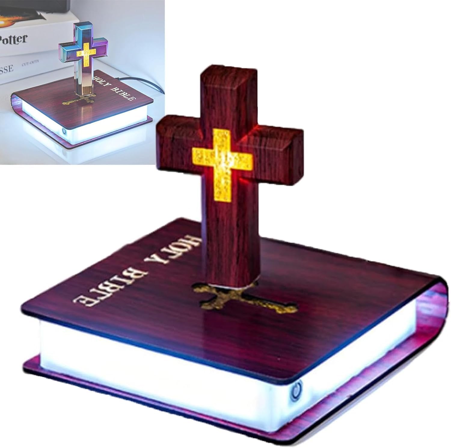 Handmade Levitating Cross Lamp - Floating Cross Light for Bible Study, Night Light, Home & Office Decor - Redwood Cross with Book Base - Perfect for Bedroom, Prayer Room, or Gift Idea