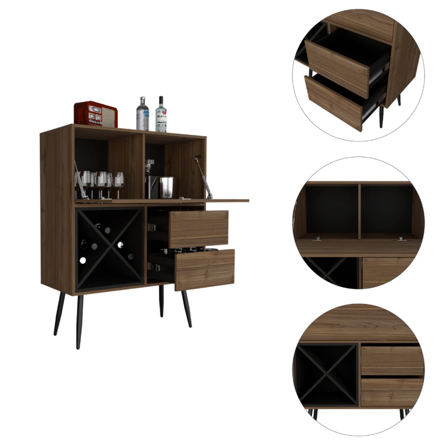 Thistle Bar Cabinet with 2 Drawers & 4 Double Racks - Mahogany/Black Storage Furniture for Liquor & Glassware - Perfect for Home Bar, Dining Room, or Entertainment Area