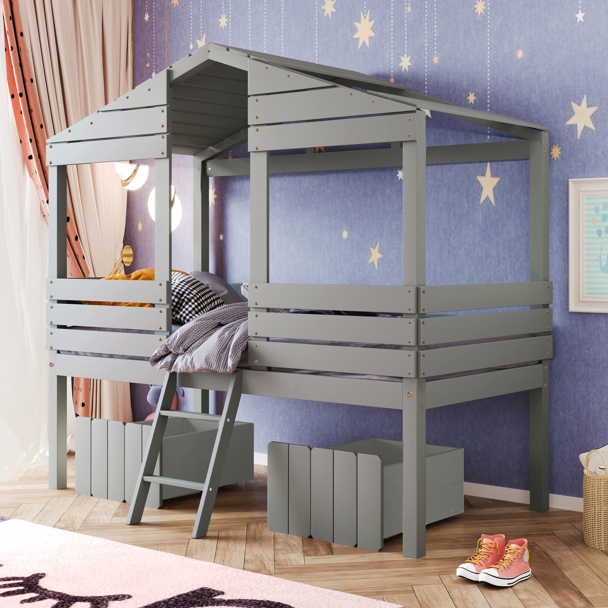 Harper & Bright Designs Twin Size Wood Loft House Bed with 2 Drawers, Storage, Ladder & Roof - Grey Kids & Teens Bed Frame with Windows, No Box Spring Needed - Perfect for Small Bedrooms, Dorm Rooms & Kids' Play Areas