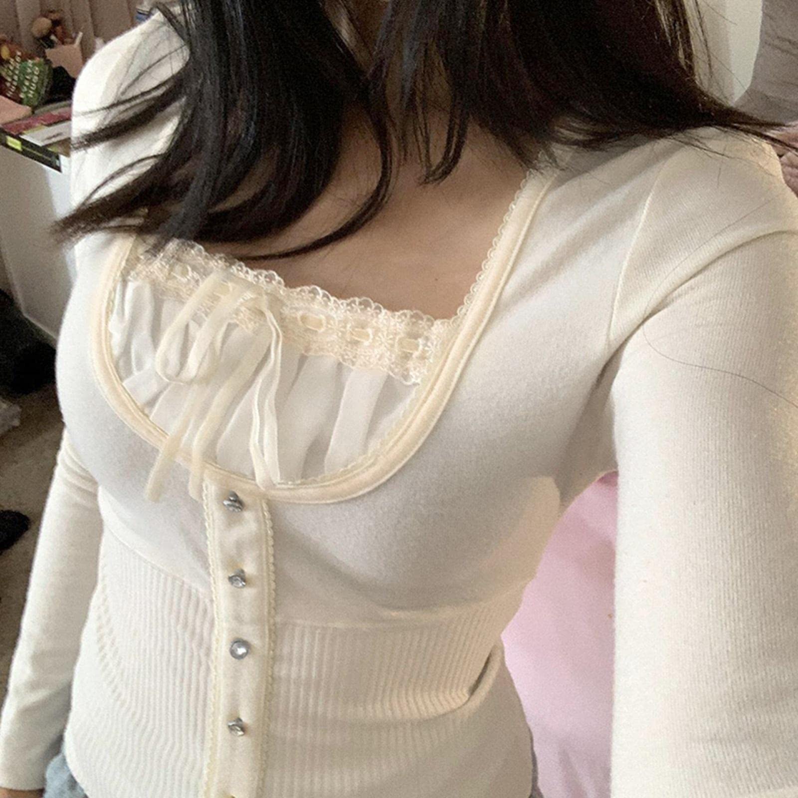 Y2K Sweet Crop Top Lace Bow Pullover - Vintage Square Collar Tee for Women | Casual Wear & Street Style
