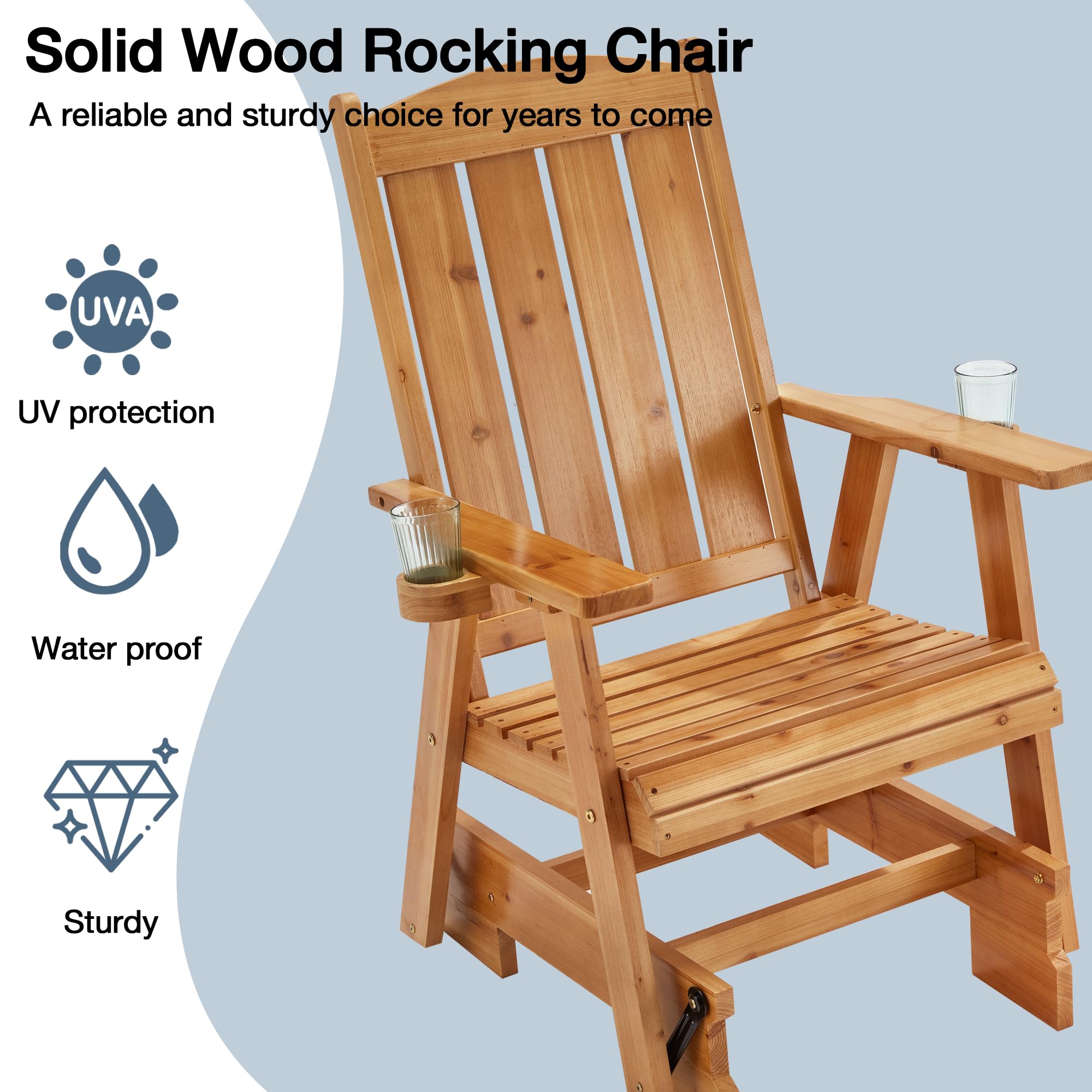 HOMREST 2-Piece Wooden Patio Glider Chair Set with Cup Holders - Heavy Duty 700LBS Capacity, Ergonomic Deep Contoured Seat & High Roll Back - Perfect for Outdoor Garden, Porch, Balcony & Backyard Relaxation